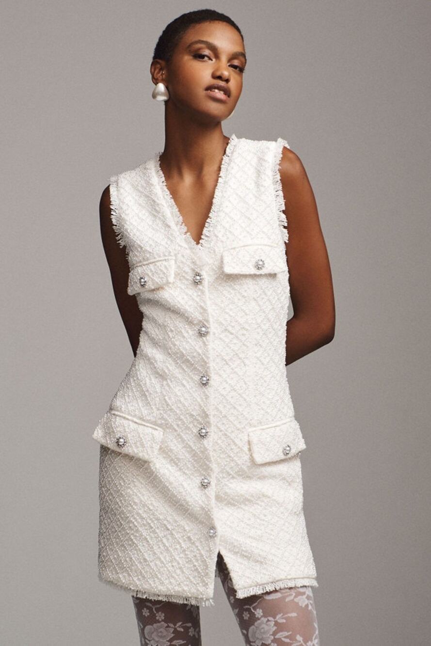 BHLDN Ella V-Neck Pearl Tweed Mini Dress XS Ivory Pearl Embellished $368